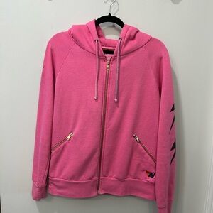 Aviator Nation pink zip ip sweatshirt- medium. Pink/gold, black lightening bolts